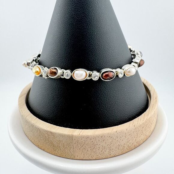 Vintage Pearl & Rhinestone Tennis Bracelet Timeless Glamour Retro Neutral - Picture 2 of 9